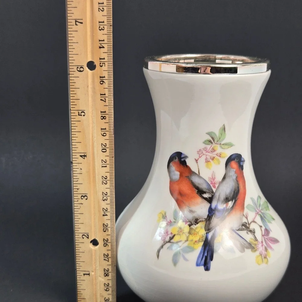 WMF Porzellan Germany Bird Vase Bullfinch Floral White Porcelain Silver Rim 6
